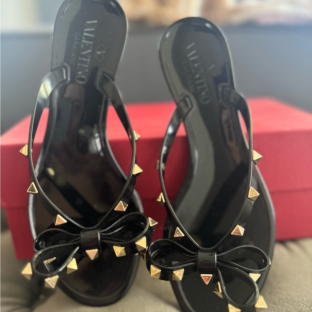 Valentino Black and Gold Studded Sandals with Bow Detail
